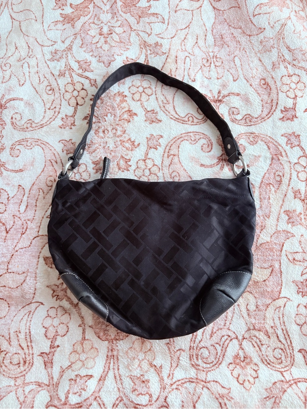 Textured Black Hobo Shoulder Bag with Leather Trim